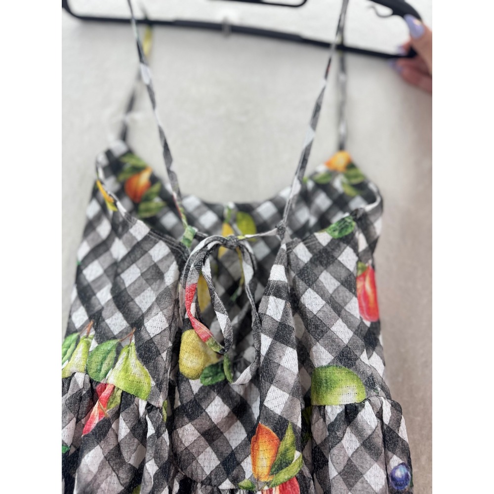 Unbranded - Midi Dress Gingham Fruit Print Lace Up - Black - M - Women - Picture 4 of 8